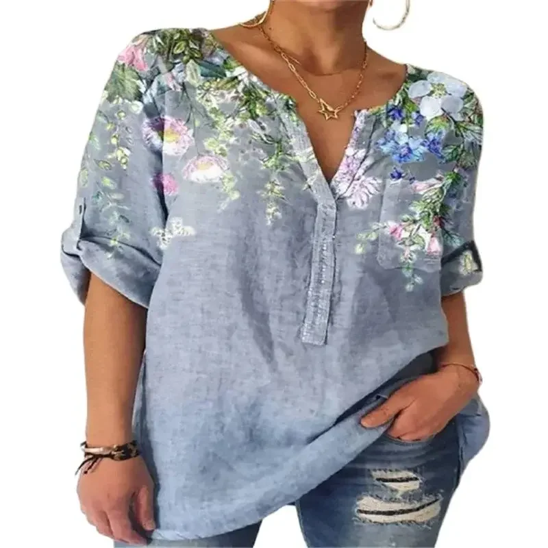 Elegante camisa de manga sete quartos para mulheres, pulôver solto com decote V, blusa feminina de primavera, tops casuais, estampa botânica, verão