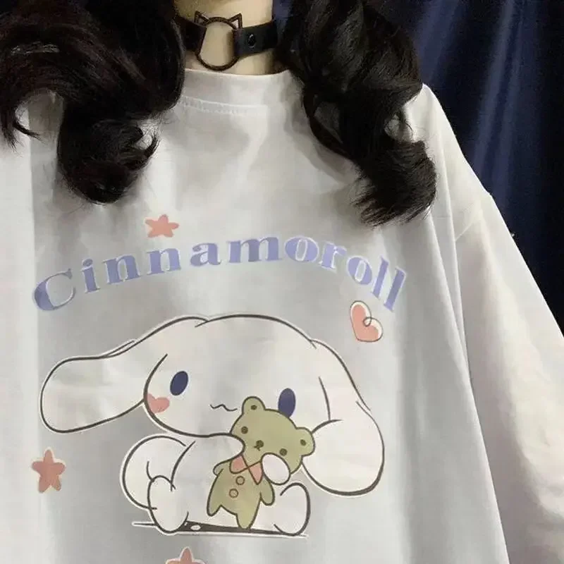 New Summer Japanese Kawaii Clothes Soft Girl Y2k Top Cartoon Cinnamoroll Casual Short Sleeve T-shirt Kpop Loose Student Goth Tee