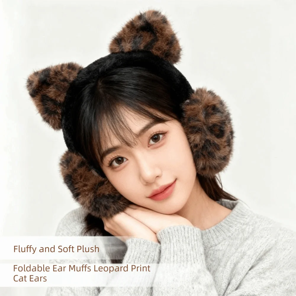Comfortable Ear Cap Winter Cat Ears Earmuffs Y2k Folding Foldable Ear Cover Kawaii Leopard Leopard Print Ear Mask Skiing