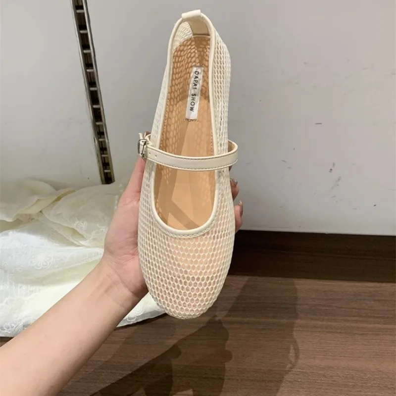 Round head one buckle strap ballet shoes women's soft bottom flat hollow Mary Jane single fishing net shoes