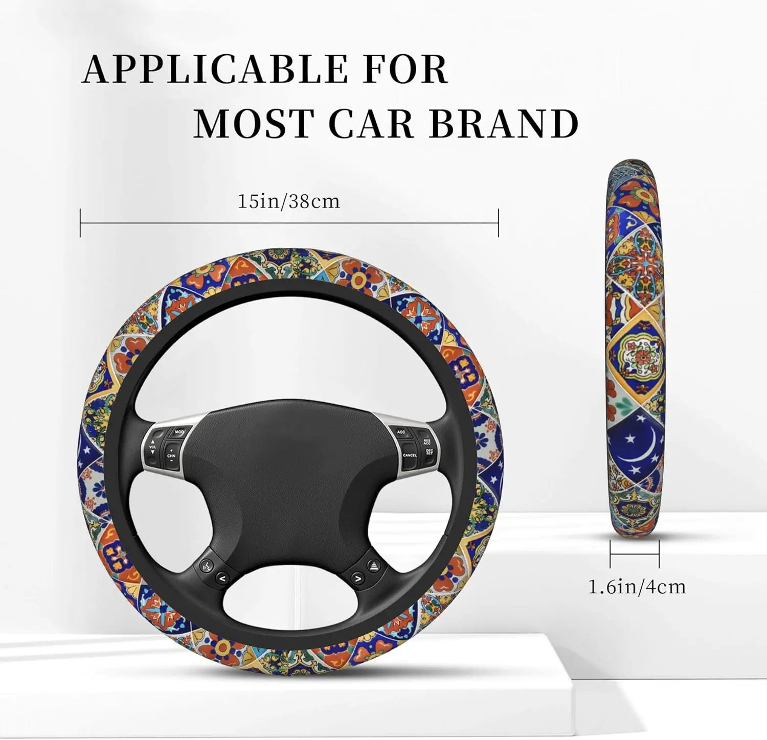 Mexican Talavera Tiles Style Steering Wheel Cover Auto Steering Wheel Protector Anti-Slip Universal Car Accessories15 Inch