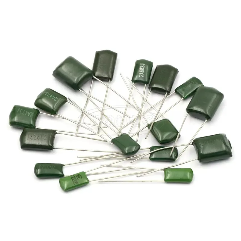 Capacitor do filme do poliéster, 100V, 1nf, 1.5nf, 2.2nf, 100nf, 2a102j, 2a152j, 2a222j, 2a392j, 2a103j, 2a473j, 2a104j, 2a474j,