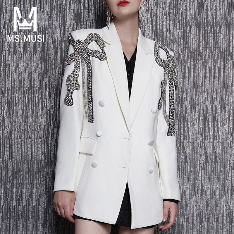 MSMUSI-Blazer à manches longues et col rabattu pour femme, haut court, veste de club de fête, manteau de finition, nœud sexy, perles de cristal, nouvelle mode, 2024