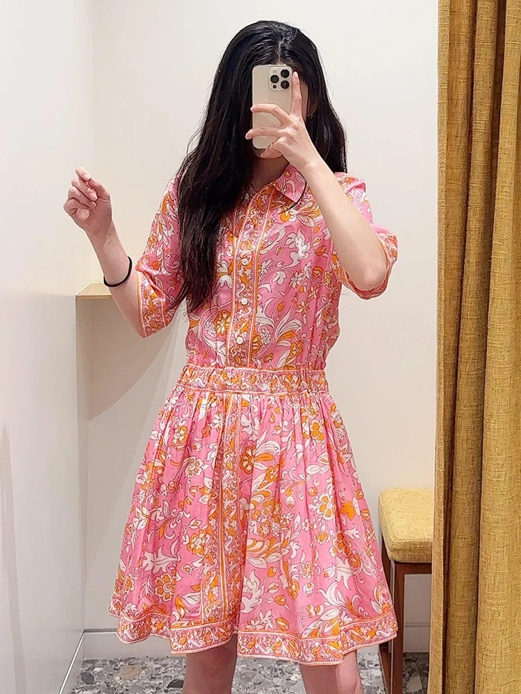 

M Home Nan You High End Women's irt Dr Floral Print Summer Vaion Sle mid Sve High Waist a Line Skirt Single Button