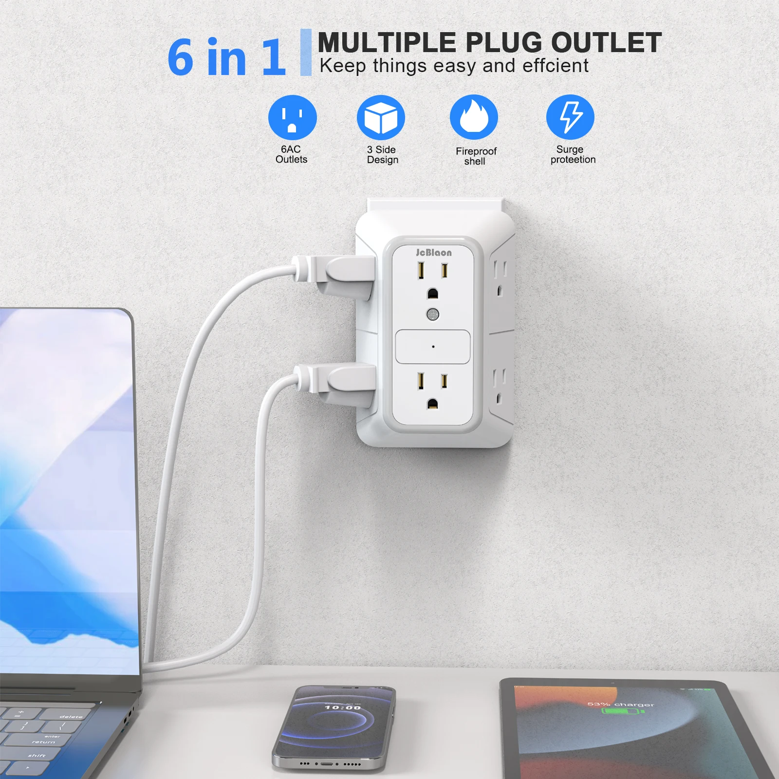 US Plug Power Strip with 6 AC Outlets, Multi Socket Wall Socket Universal Network Filter Fast Charging for Home Office Travel