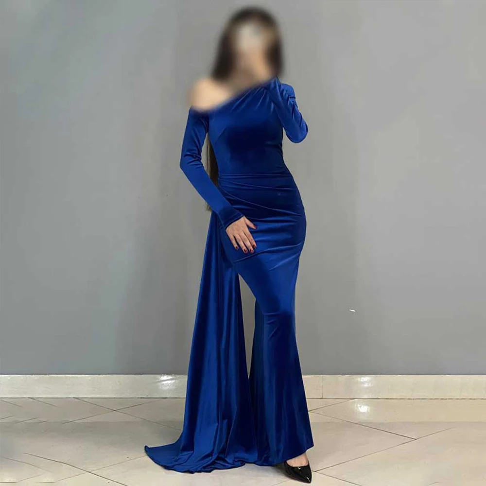 

High Quality Evening Dresses For Women V-Neck Off The Shoulder Prom Dress Velvet Mermaid Sweep Train Customized Robe De Soiree