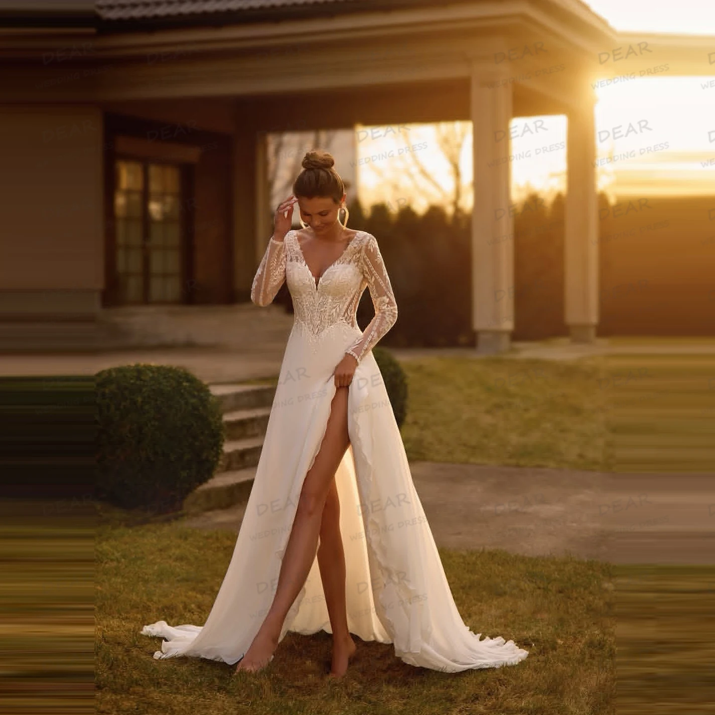 Proste, seksowne suknie ślubne w kształcie litery A, damskie koronkowe suknie ślubne z długim rękawem i rozcięciem, formalne suknie ślubne z dekoltem w serce, Vestidos De Novia, szyte na miarę.