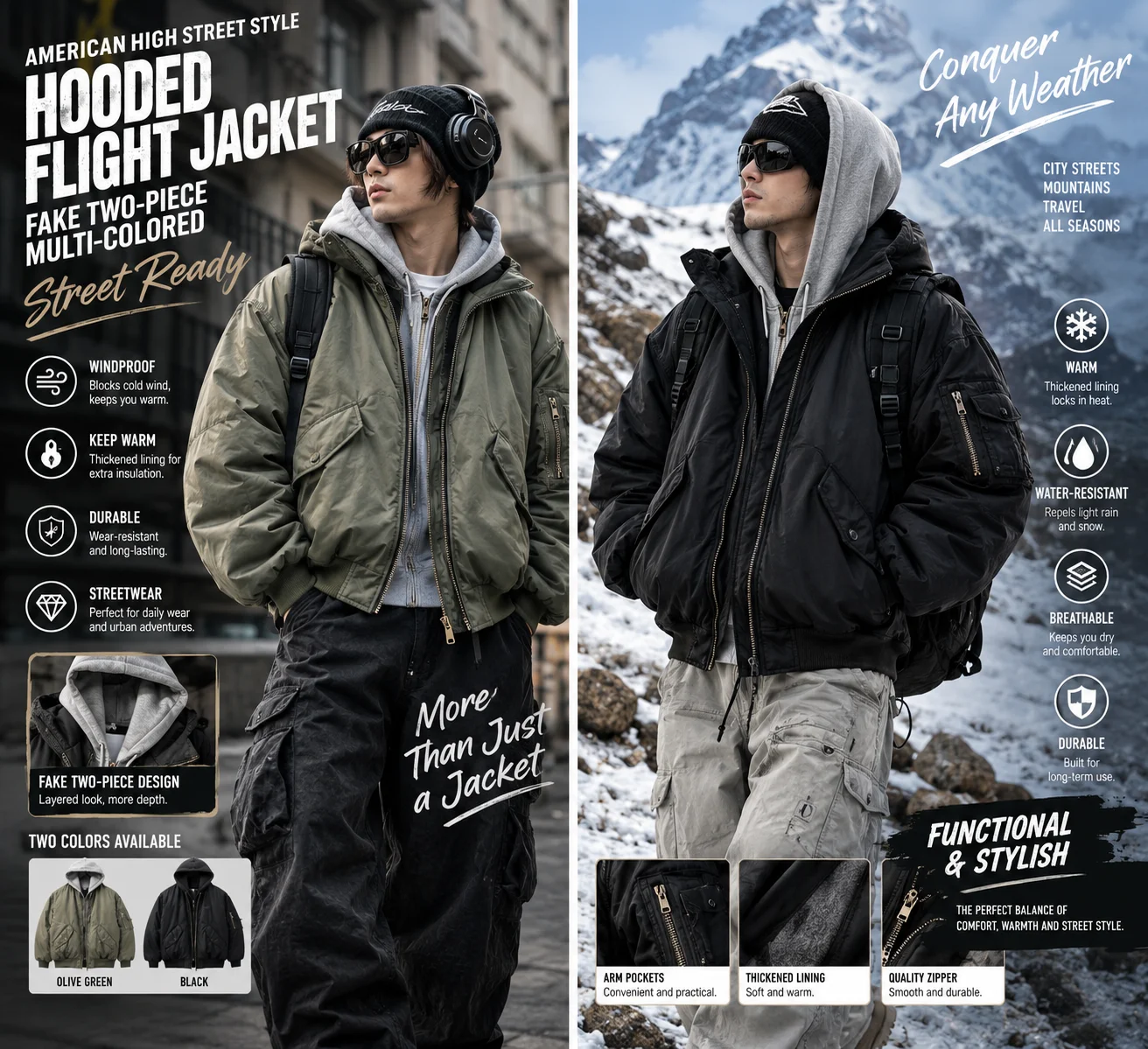 Men's Hooded Loose Thickened Flight Jacket Fake Two-piece Multi-colored with Arm Pockets American High Street Style