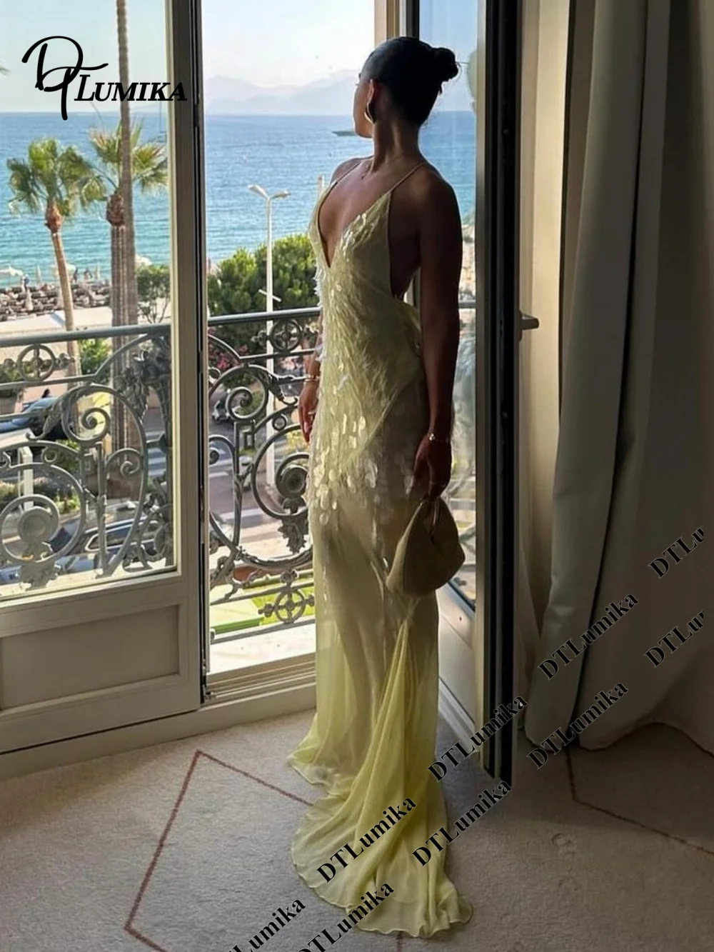 DTLumika Pale Yellow Sequin Slip Maxi Party Dress Beach Holiday Dresses for Women Spaghetti Straps Long Sheath Vacation Gowns view 5