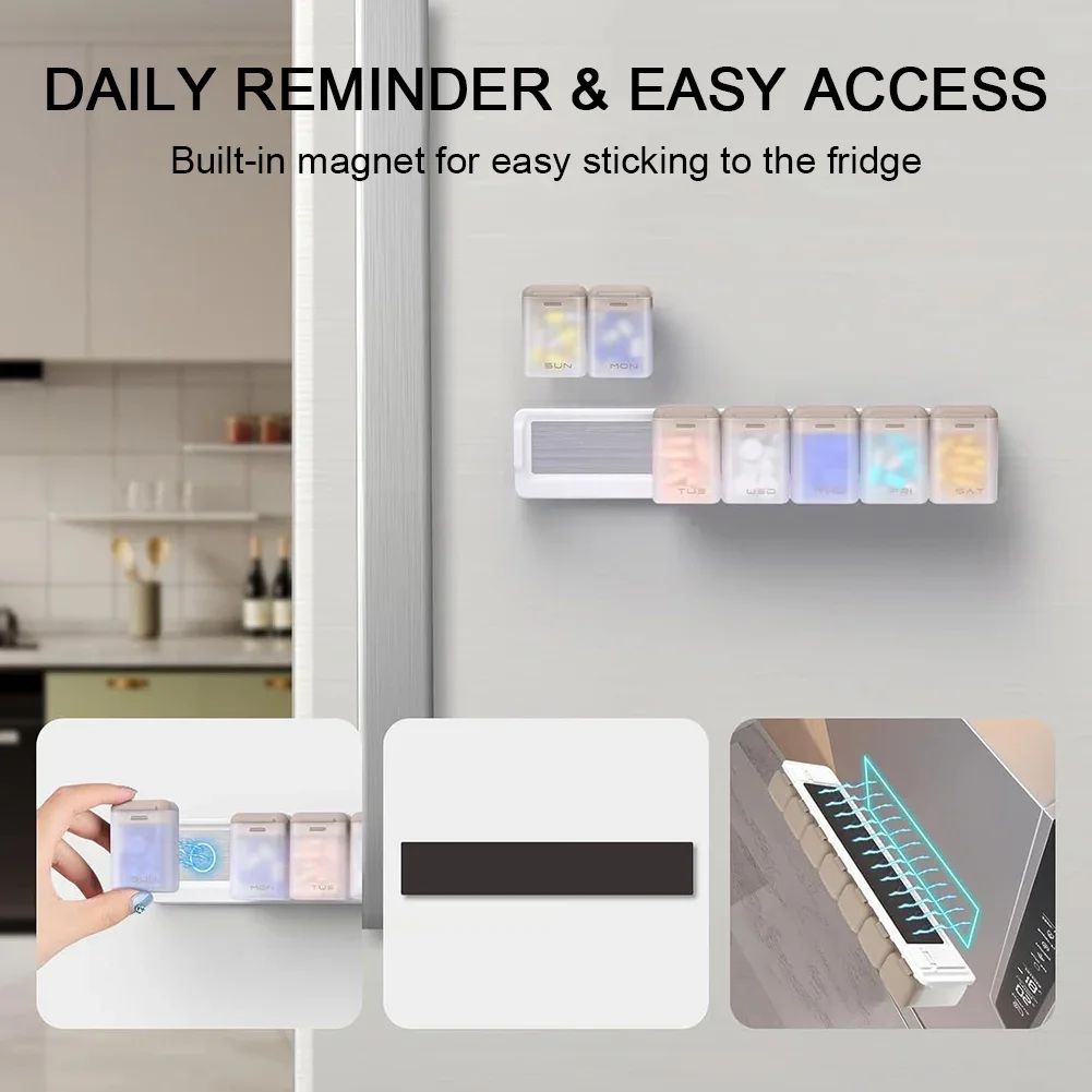 

Travel Weekly Pill-Organiser Magnetic Removable PillBox 7 Day 1 Time a Day Portable Medicine Dispenser for Home Travel