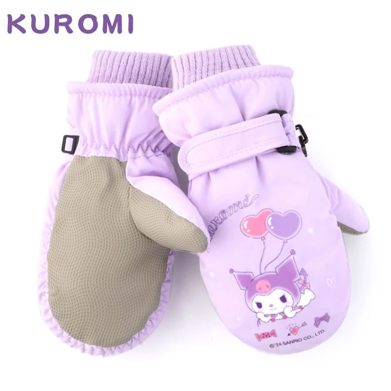 Kawai Kuromi Melody Children'S Plush-Lined Gloves Waterproof Anti-Slip Cartoon Warm Skiing Gloves Bag Finger Ski Gloves Gifts