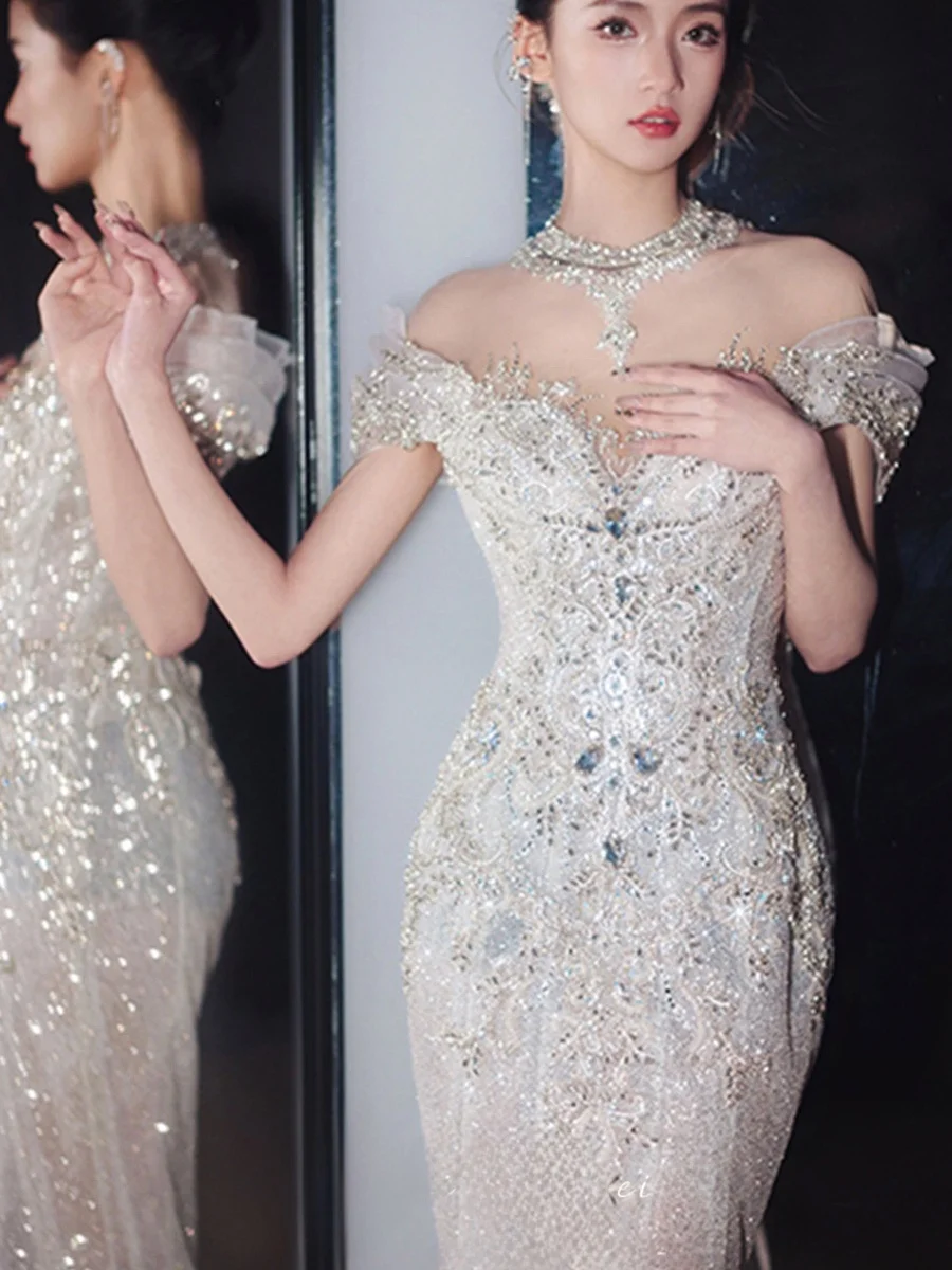 

Новое свадебное платье 2026 года с силуэтом «рыбий хвост», на одно плечо, из легкого шифона, с богатой вышивкой, для гостей, свадебное платье для женщин, для помолвки