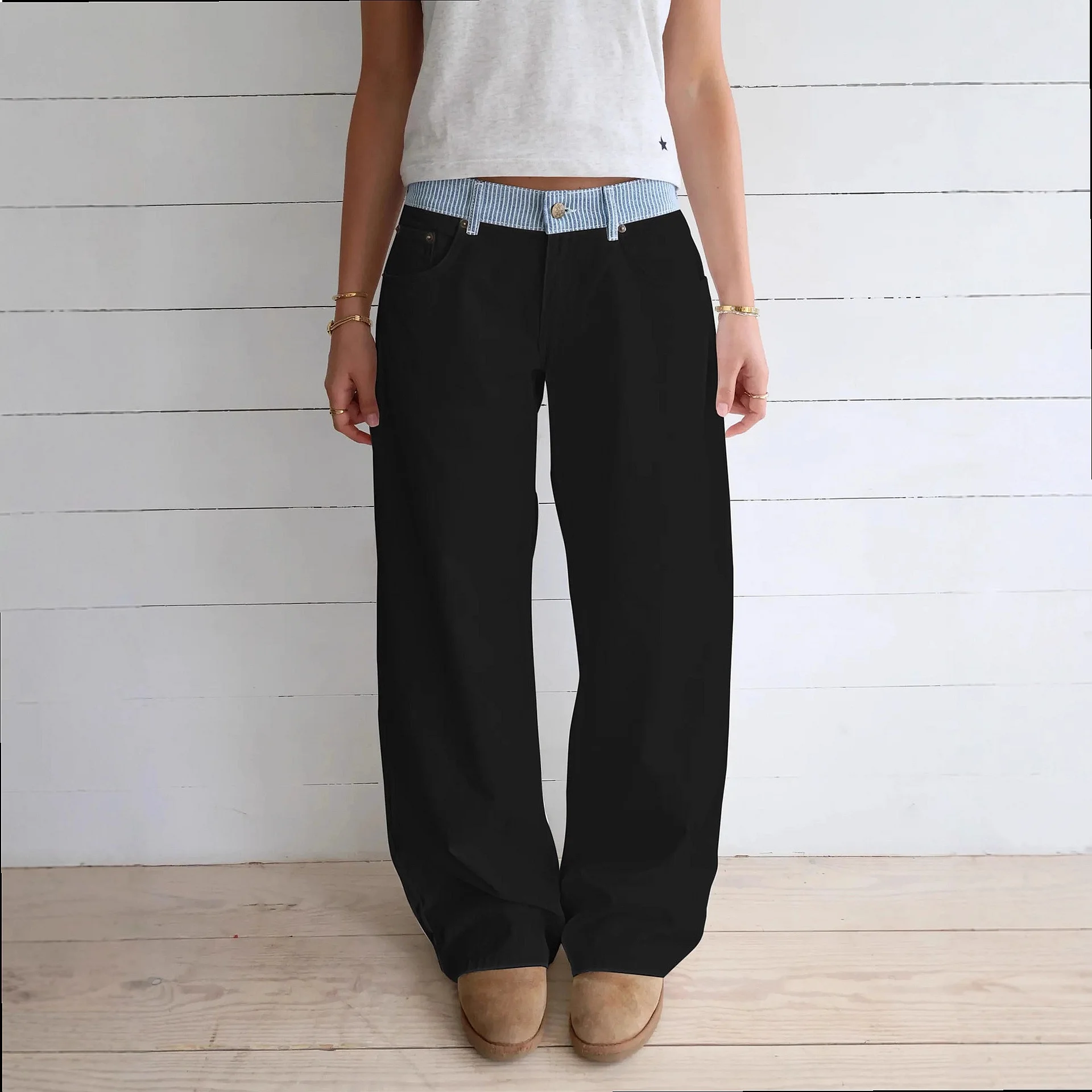 Cross Color Contrast Straight Leg Loose Casual Wide Leg Pants Jumpsuit Playsuit Spring Summer
