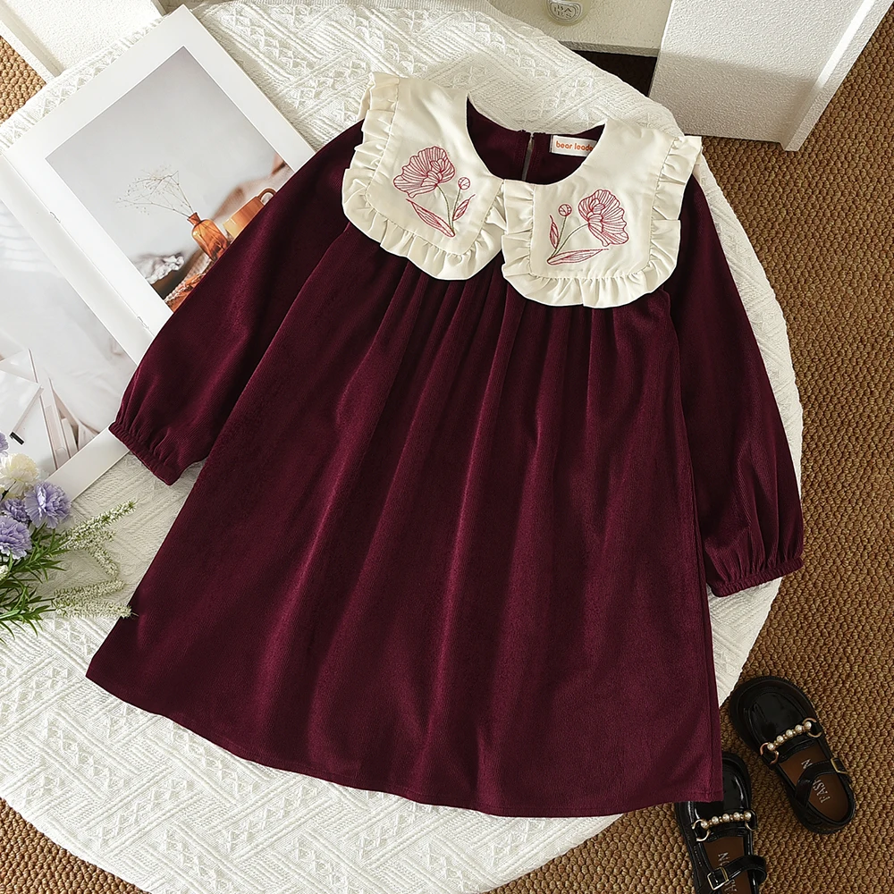2026 Children's Clothing Autumn Wine Red Long Sleeved Girls Dresses Flower Embroidery Lapel Fashion Sweet Princess Dress