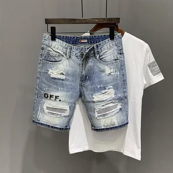 Jean court pour hommes, pantalon graphique déchiré avec texte, Short en Denim, Harajuku Xxxl, bleu, fin, vente jeune Emo Y2k, mode Emo