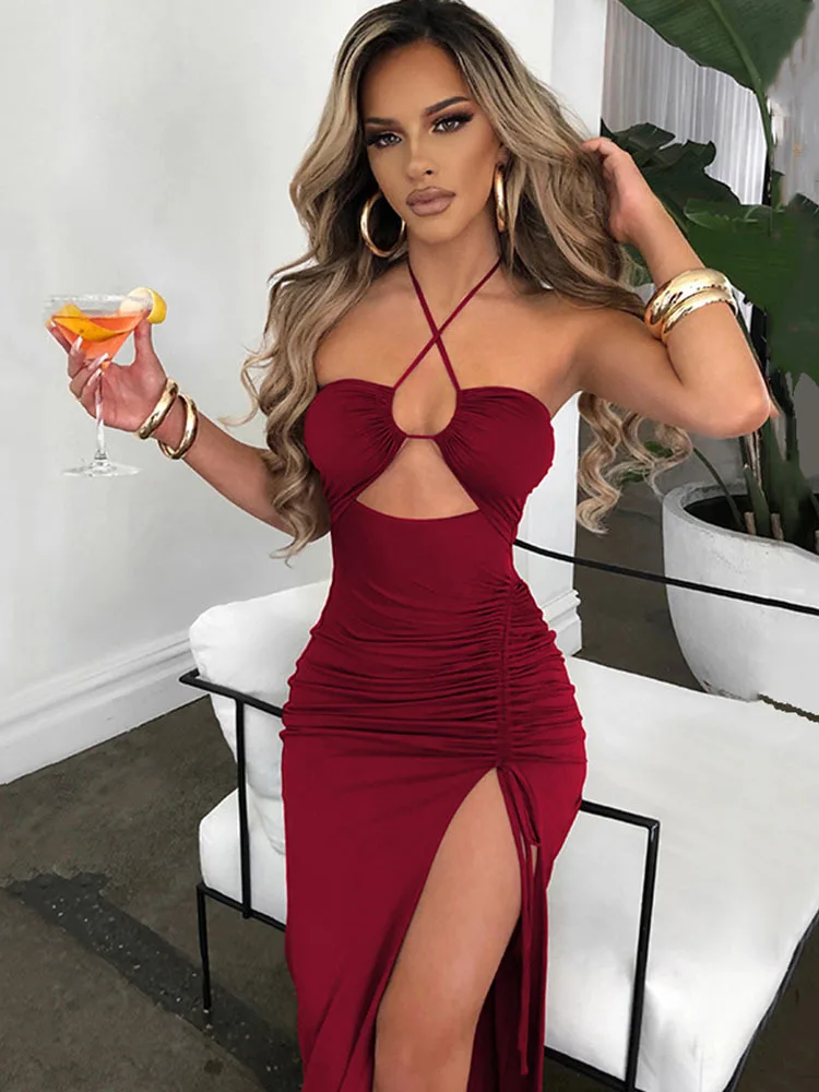 

European and American Ins Style Spring New Dress, Sexy Hot Girls High-Slit Wrinkled Neck-Style Long Skirt Showing Breasts