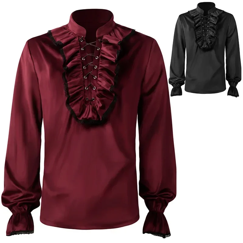 Halloween Cosplay Vintage Medieval Victorian Costume Lace Trim Men Velvet Ruffle Shirts Blouse Steampunk Vampire Dress Up Party