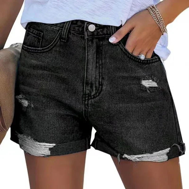 Factory direct sales women\'s summer shorts loose straight cylinder wide leg roll edge worn blue black cotton for women