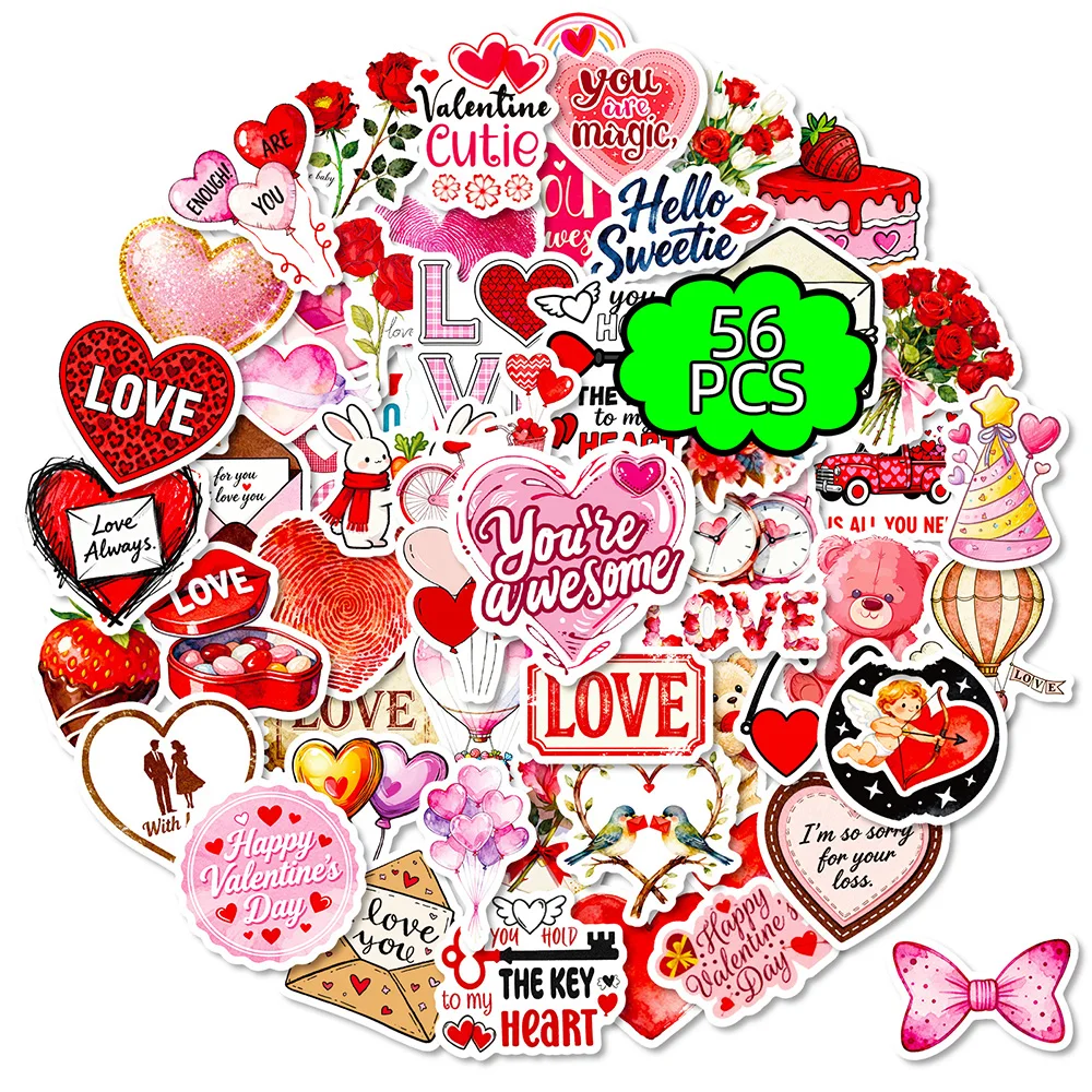 

56 Pink Valentine's Day Stickers, Home Decor Set, Waterproof PVC DIY Decals for Laptops/Luggage/Phones/Mugs/Cars
