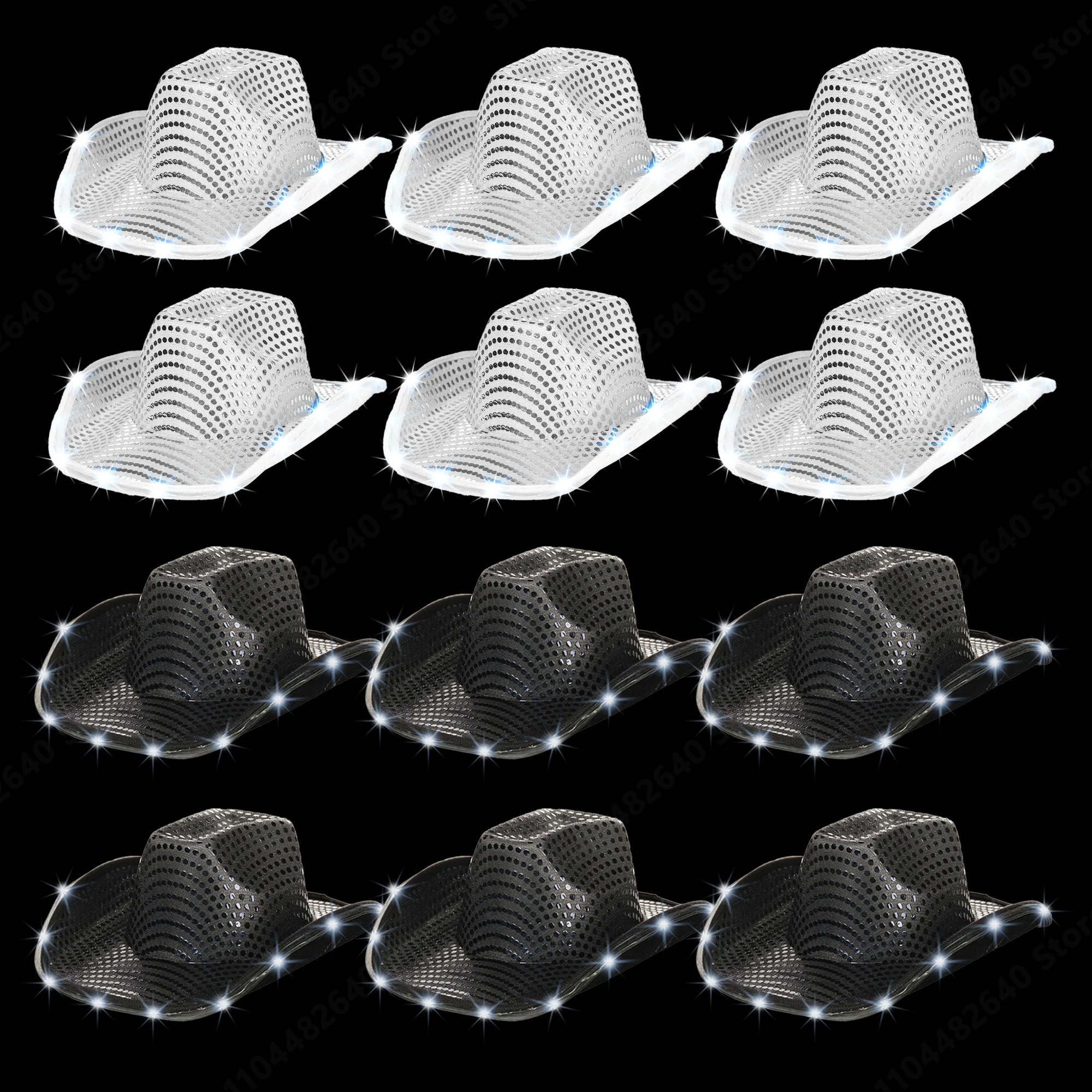 6-20Pcs Light Up Cowboy Hats for Wedding Sequins LED Cowboy Hats for Women Flashing Cowboy Hat Bulk Bachelorette Party Favors image 3