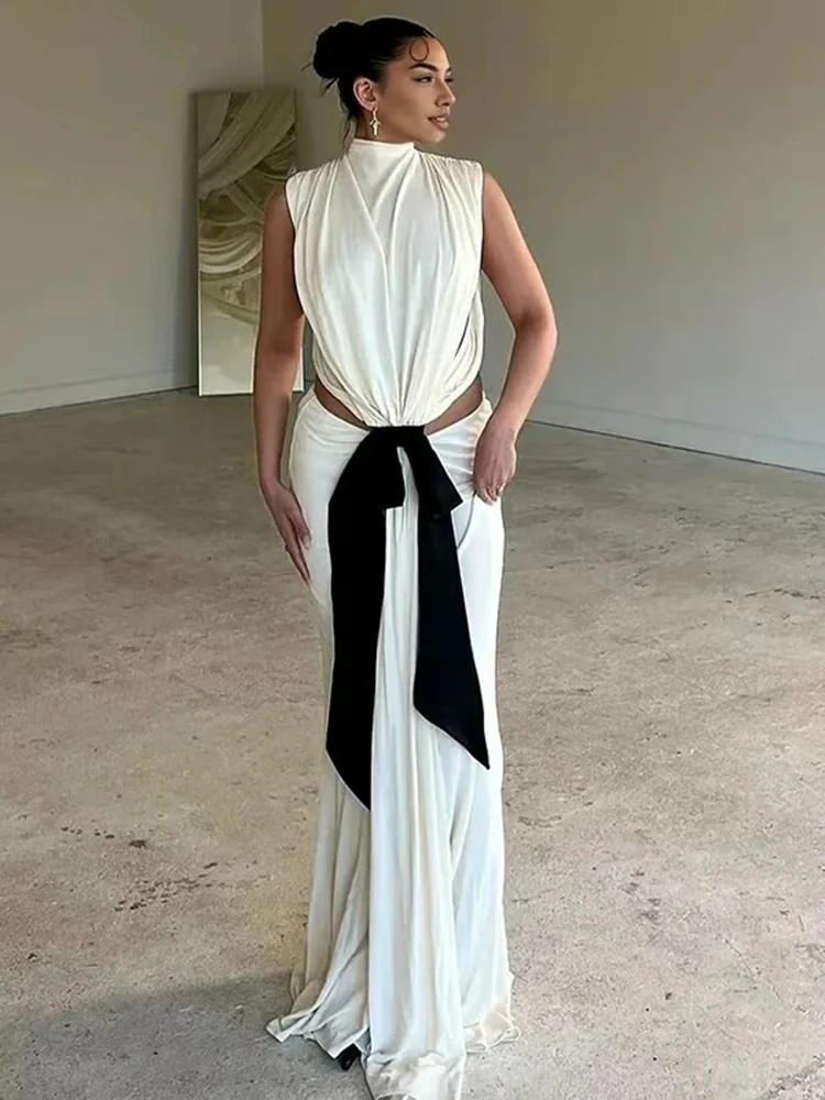 فستان أنيق للتصوير الفوتوغرافي للأمهات برقبة عالية بدون أكمام فستان ماكسي مع ربطة عنق للحمل والتقاط الصور وحفلات استقبال المولود الجديد #5