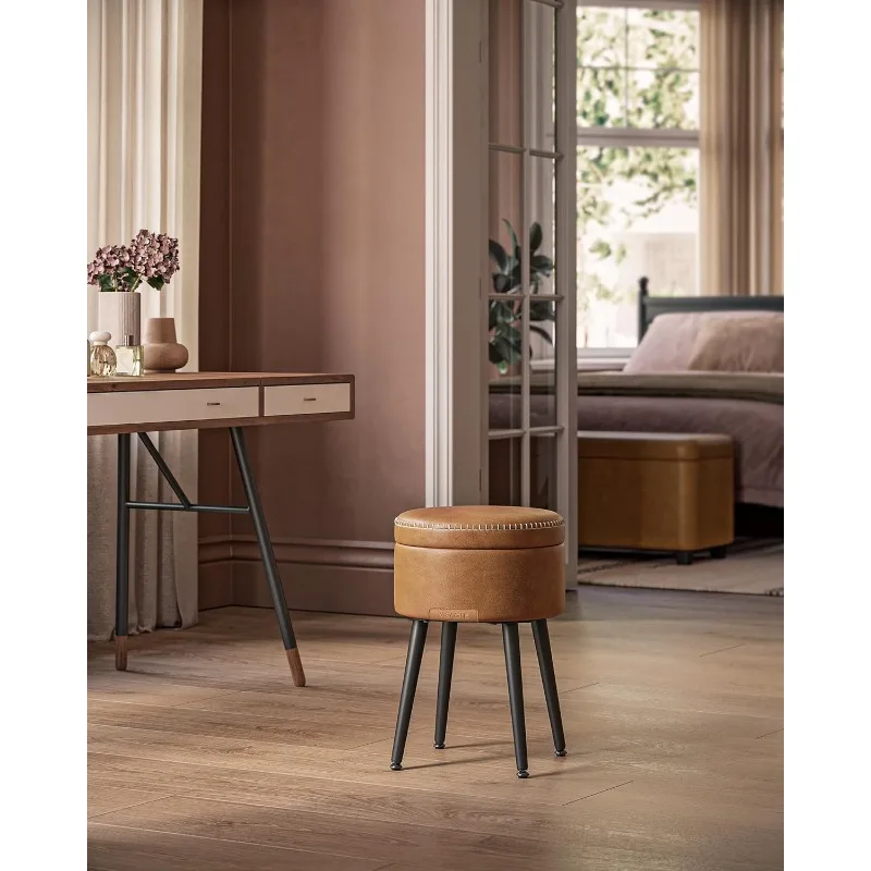 مسند تخزين، مقعد كرسي الغرور، جلد صناعي مع خياطة، حديث في منتصف القرن، مقعد تخزين دائري بأرجل فولاذية