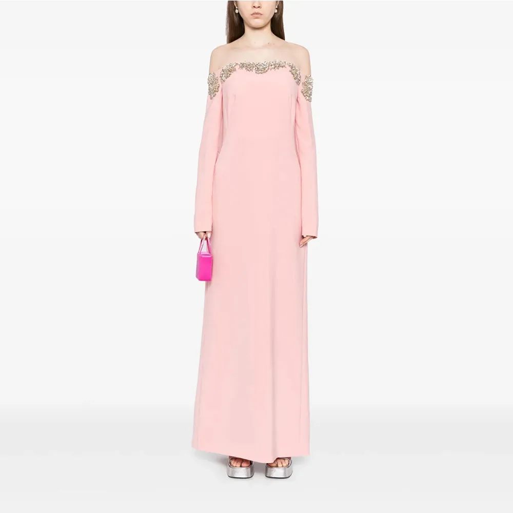 

Pink Off The Shouder Beading Evening Gown For Wedding Sheath Formal Party Dress Floor Length Prom Dress Beading Saudi Dress
