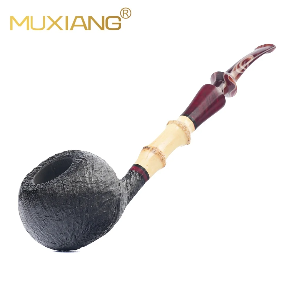 MUXIANG Handmade Briar Smoking Pipe Bamboo Shank Colorful Acrylic Mouthpiece 3mm Airway Solid Wood Tobacco Pipe For Men Gift