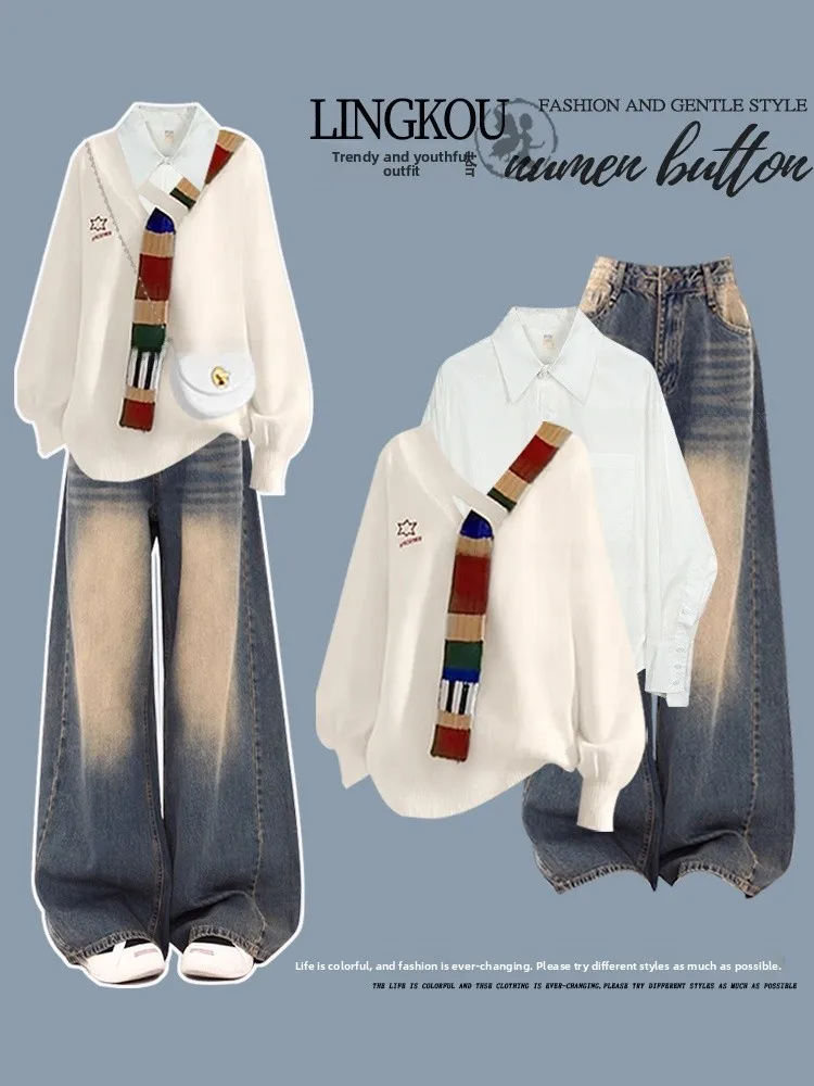 

High Waist Slimming Knitted Sweater And Jeans Three-Piece Set for Women Autumn Winter Fashion Ensemble V-Neck Long Sleeve Shirt