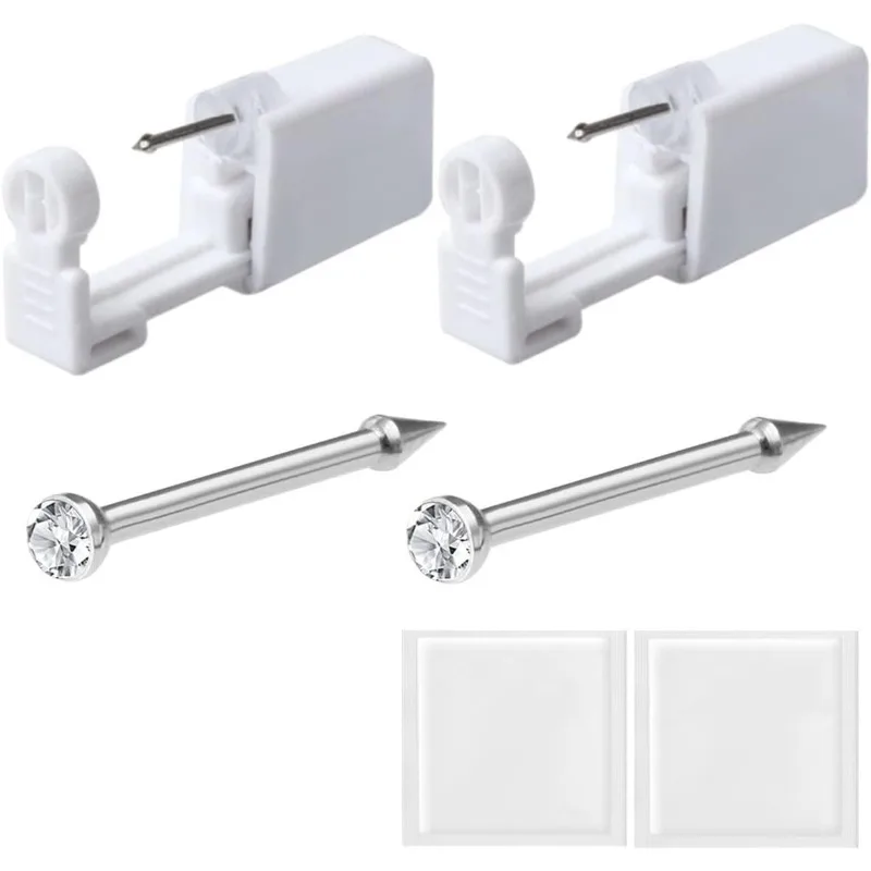White Disposable Sterile Nose & Ear Piercing Kit, 2 Pack Painless Self Piercing Gun Tool with Stud Piercing Supplies