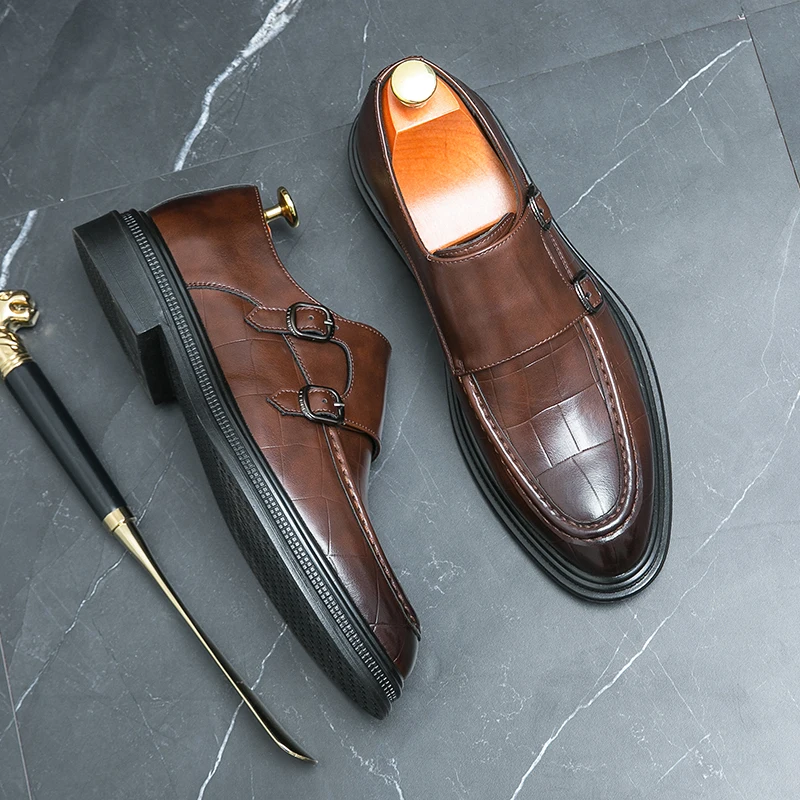 

New Men Retro Loafers Round Toe Black Brown Double Buckle Leather Shoes Casual Fashion Formal Shoes Size 38-46 Men Shoes