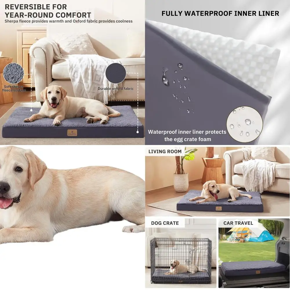 

Extra Large Dog Orthopedic Bed - Waterproof Egg Foam Crate with Removable Cover for Pets up to 100 lbs, 44x32x3.5 in, Dark Grey