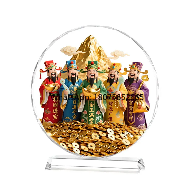 Five gods of wealth crystal feng shui ornament - attract wealth, prosperity, and fortune for living room, entryway, and office