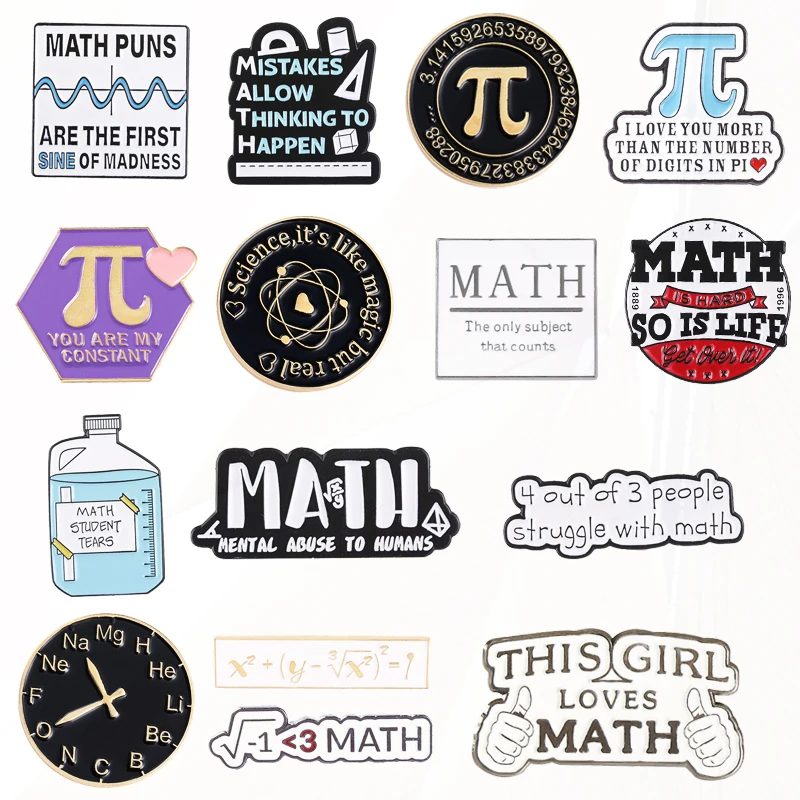 Criativo Fórmula Matemática Emblemas de Metal para Meninas, Trajes Punk, Broche de Lapela, Acessórios de Jóias, Esmalte Pinos Função, acessório para o Amor