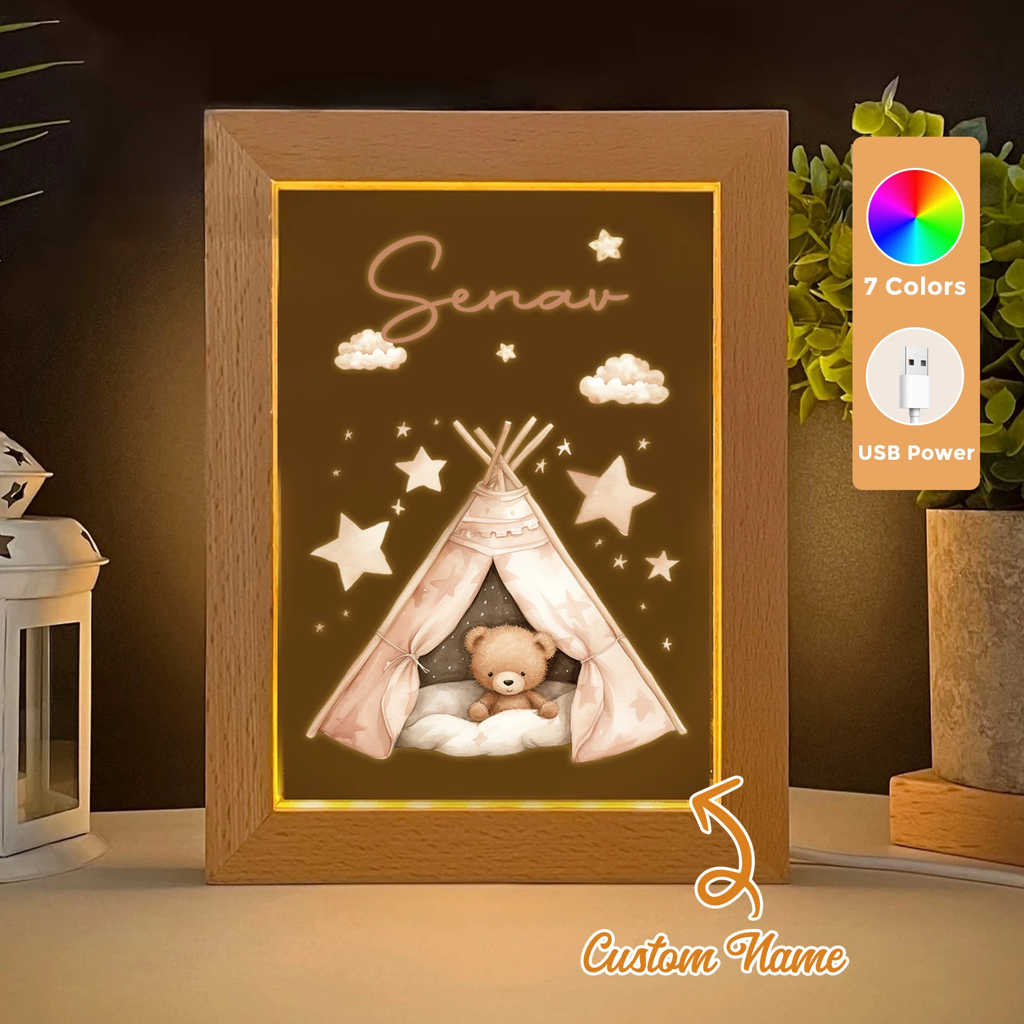 

2D Flat Custom Name Cartoon Tent Bear LED Acrylic Night Light Wood Photo Frame 21x17cm Children Bedroom Gifts Home Decor