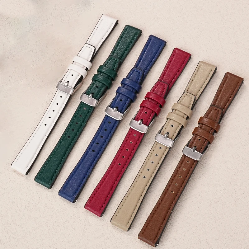 لينة حزام (استيك) ساعة حزام المرأة 10 مللي متر 12 مللي متر 14 مللي متر حجم صغير عرض الطبقة الأولى جلد البقر سيليكون أسفل أشرطة ساعات اليد حزام رقيقة جدا