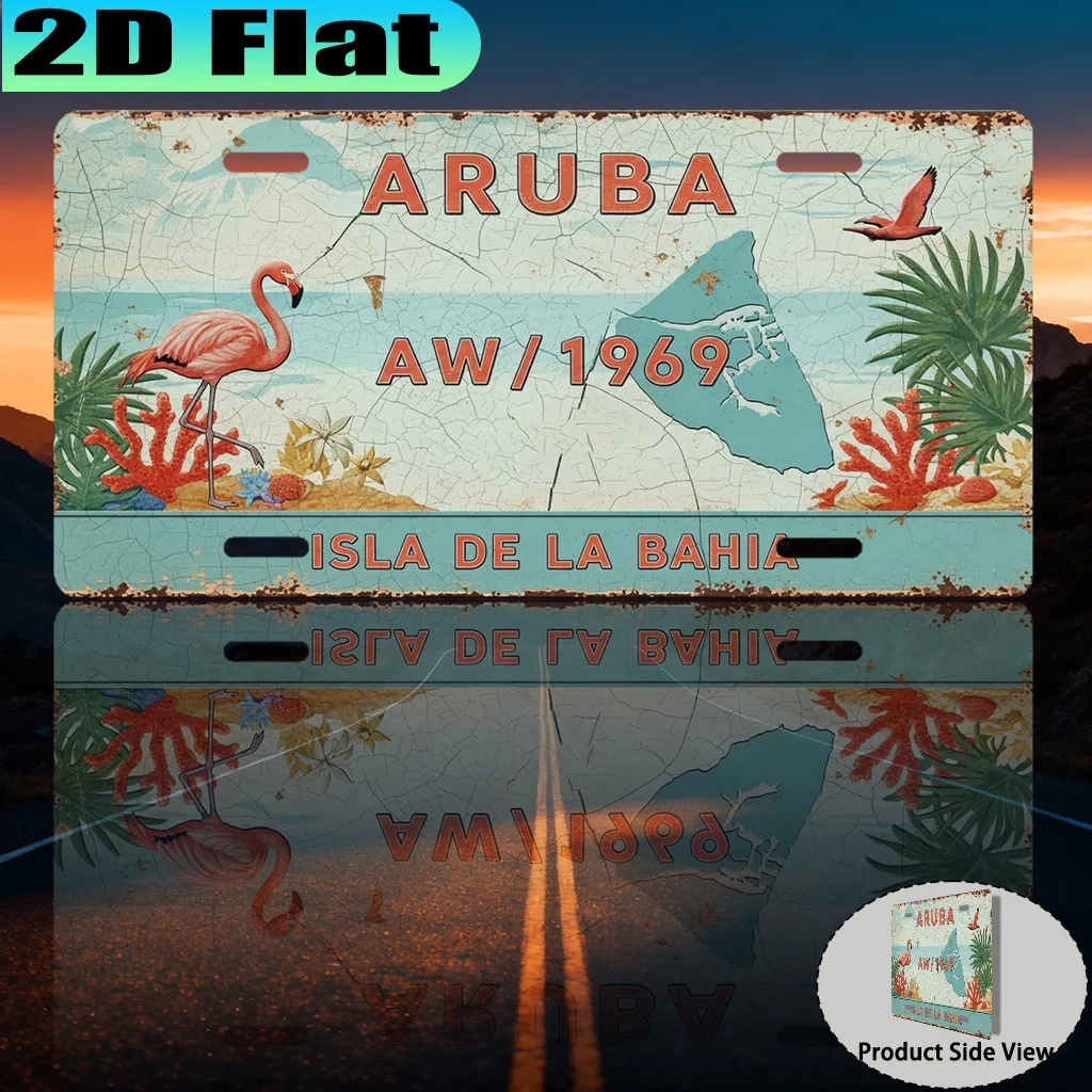 Aruba Isla De La Bahia AW/1969 2D Flat Printing License Plate Style Metal Tin Sign, Tropical Flamingo Themed Decorative Aluminum