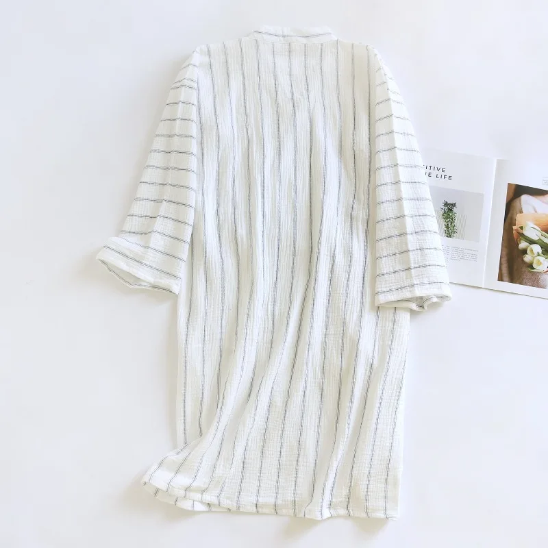 2026 Japanese Style New Spring And Autumn Men's Sleeping Robe 100% Cotton Crepe Striped Bathrobe Loose Home Clothes Sleepwear