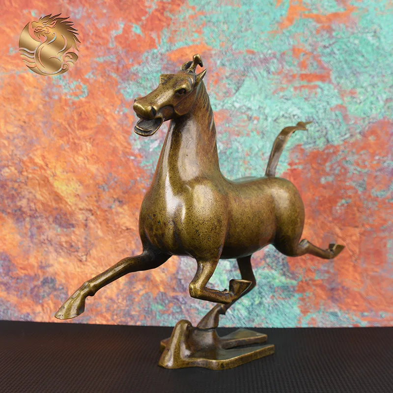 All-brass horse statue depicting a horse stepping on a flying swallow, a bronze ornament for the living room, office, or entrywa