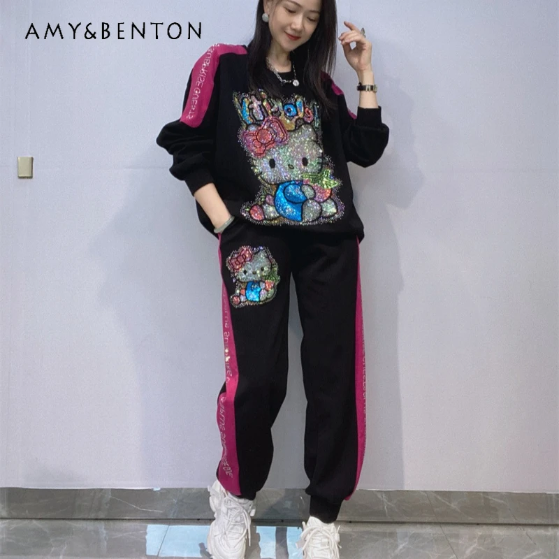 

Наряды в европейском стиле, топ с длинными рукавами и стразами для тяжелой промышленности, большие брюки для бега с эластичной резинкой на талии, осенний женский костюм из двух предметов