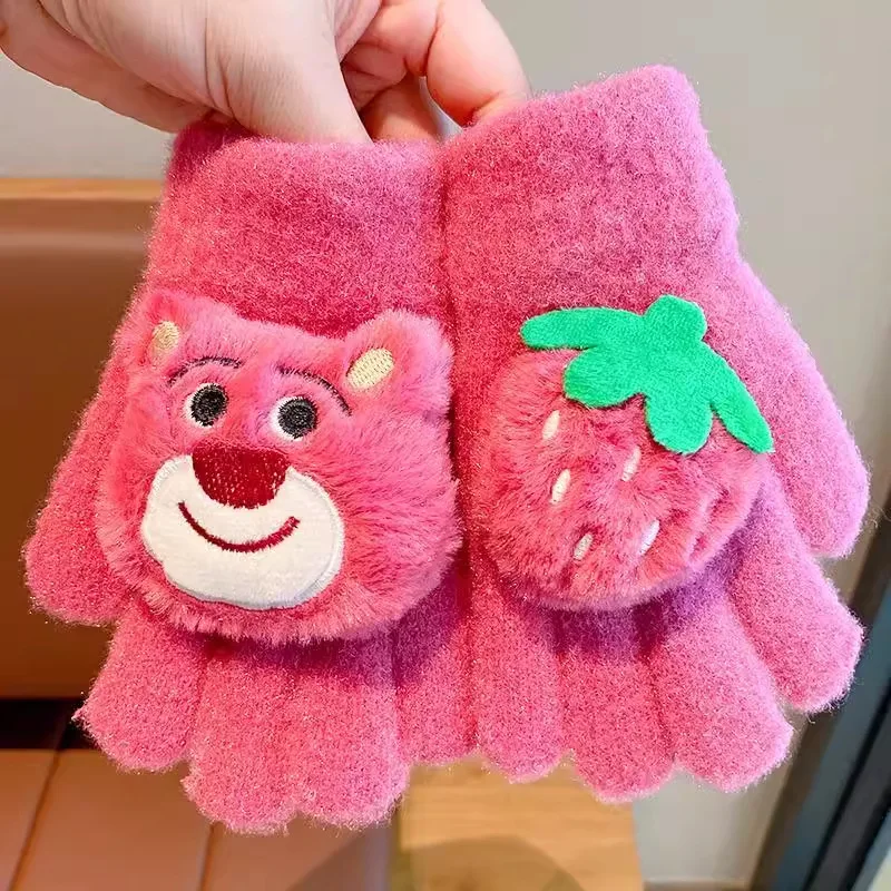 

Disney strawberry bear gloves winter models cute cartoon children's gloves girls warm five fingers padded thickened gloves