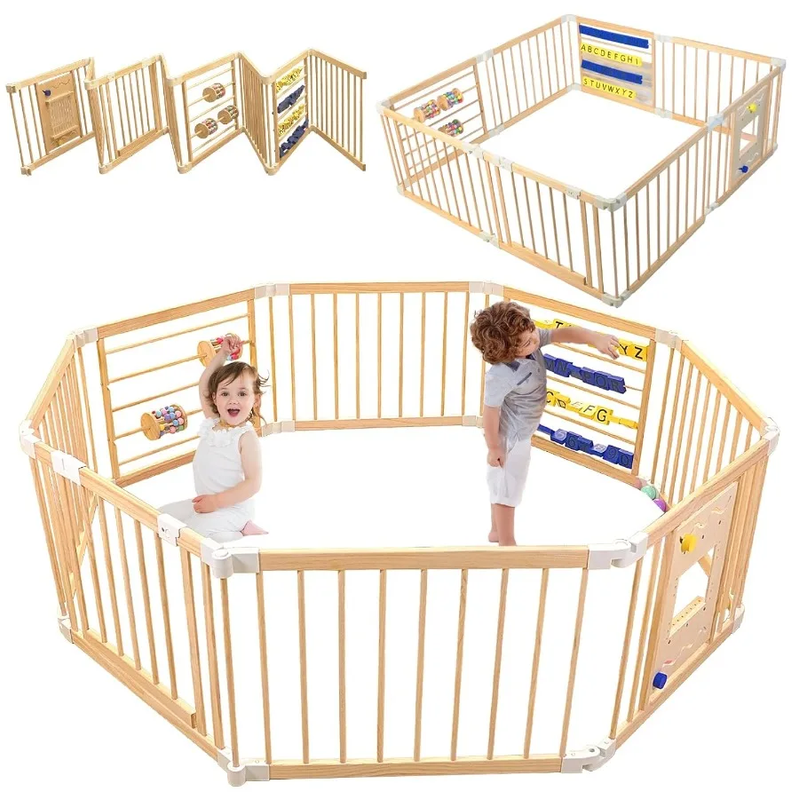 Hölzerner Baby-Laufstall, Holz-Laufstall für Babys und Kleinkinder, verstellbarer tragbarer Spielzeugzaun, Baby-Aktivitätszentrum, Zaun, Spielbereich