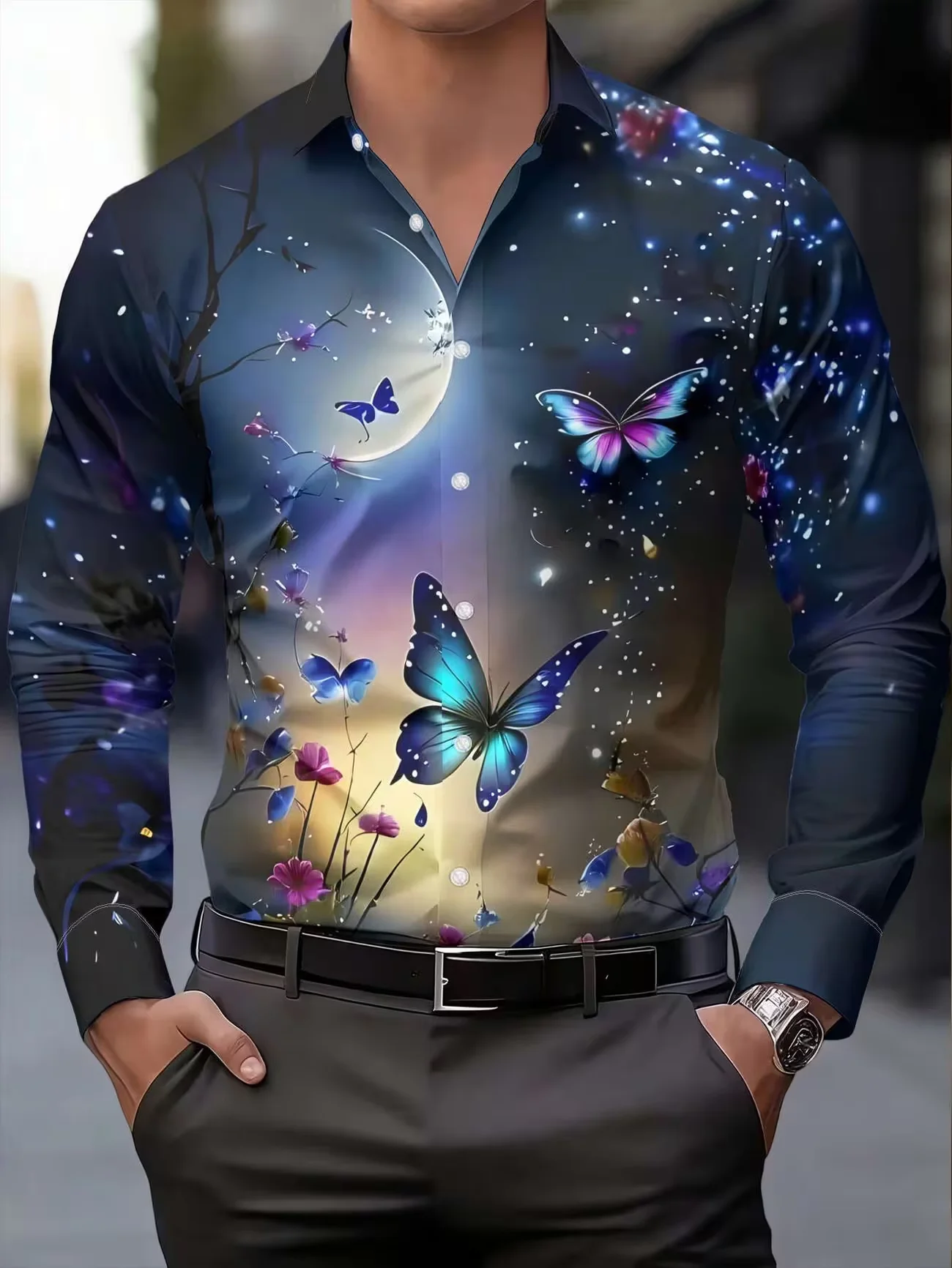 New red and white color blocked coffee cup printed men's long sleeved shirt, simple and personalized casual shirt