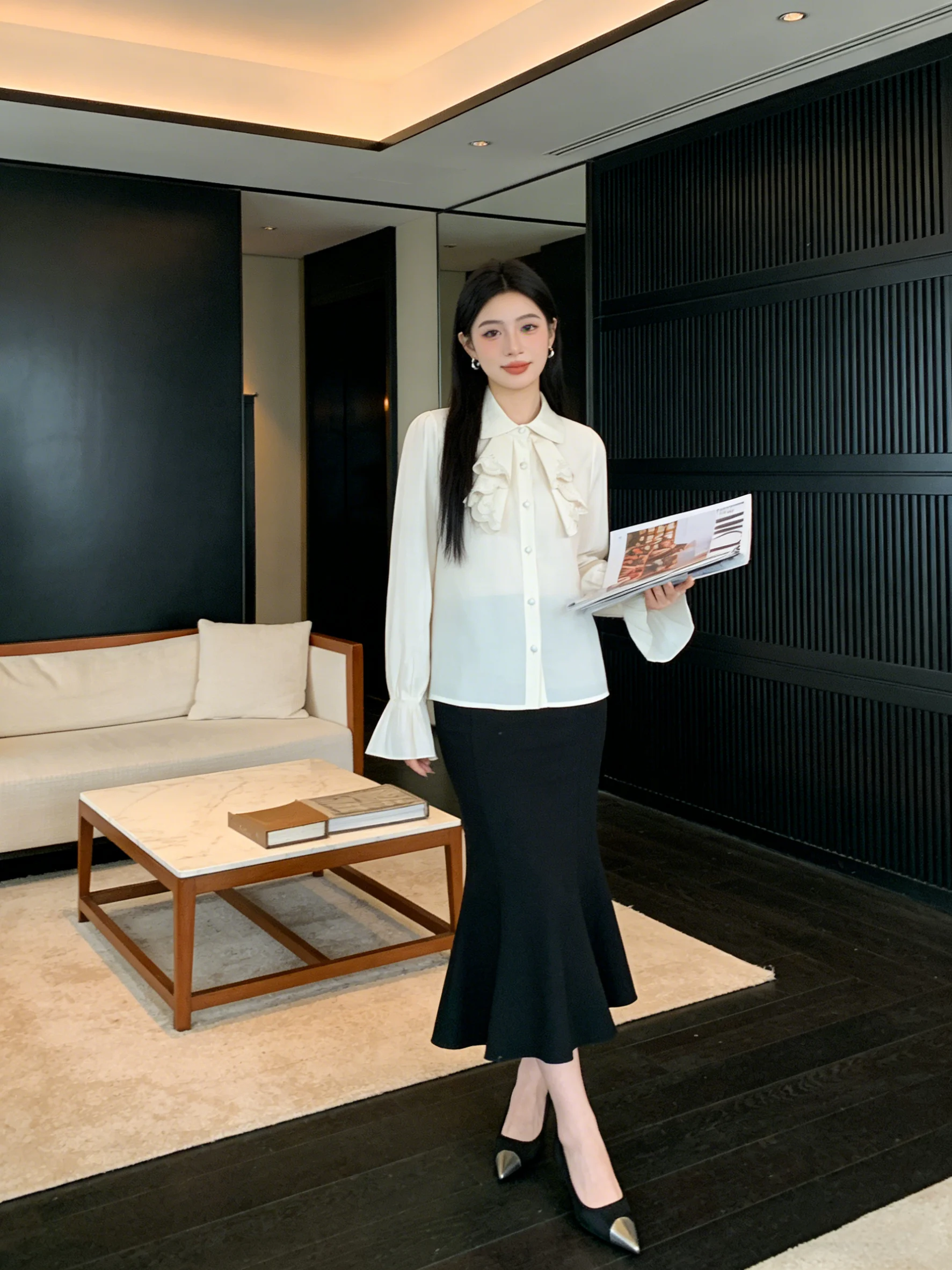 

Korean Sle Embroidered Design Soft Doll Collar Loose Wide Leg Pants Gentle Personali Top Spring Faion Women's irt