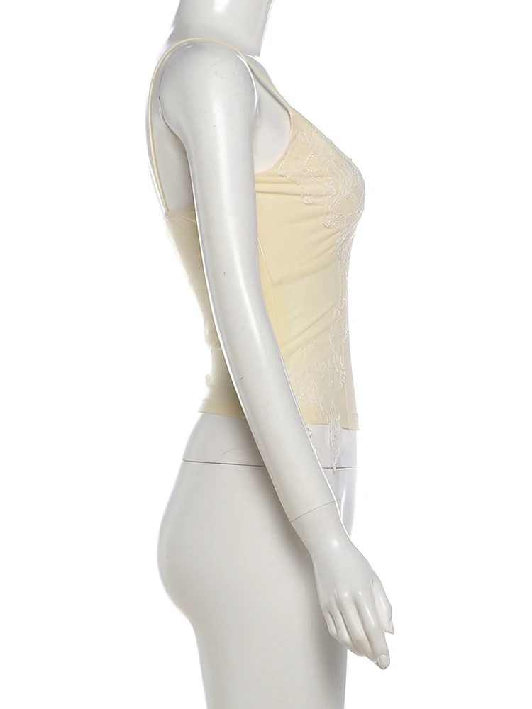 Weird Puss Pailletten-Spitzen-Patchwork 2-teiliges Set für Damen, durchsichtiges Camisole mit tiefem Ausschnitt + Rock mit elastischem Bund und Stufenabschluss, süße Sommer-Outfits – Detail 5