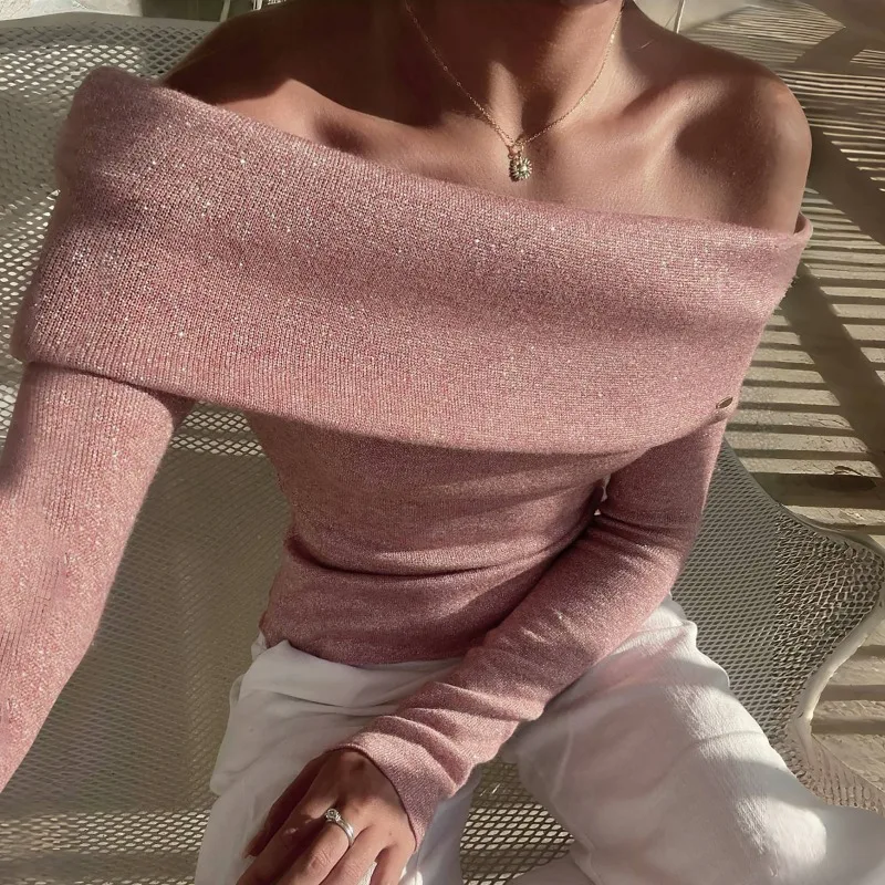 

Tuularose Pink One Shoulder Sweater Sexy Solid Slim Knit Long Sleeve T-Shirt Top Fashion High Street Casual Patchwork Women Tops