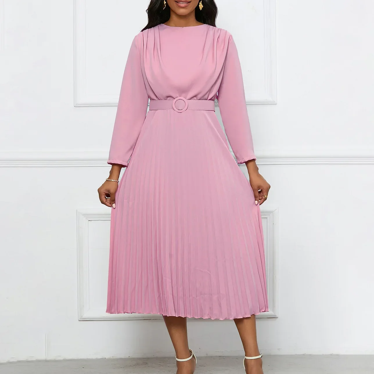 

African Dresses for Women Elegant 2024 Spring African Long Sleeve O-neck Polyester Pleat Maxi Dress with Belt African Clothing