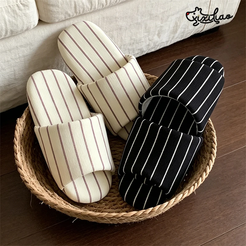 XIXITIAO Stripe Indoor Slippers Women Men Four Seasons Couples Home Flat Floor Slippers Open-Toe Soft Light Cotton Shoes Unisex view 6