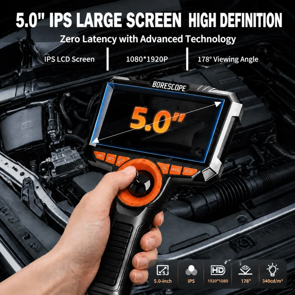 5 Inch Screen Industrial Endoscope Camera, 4-Way Steering Waterproof Inspection Borescope for Auto Car Repair Engine Check, Pipe