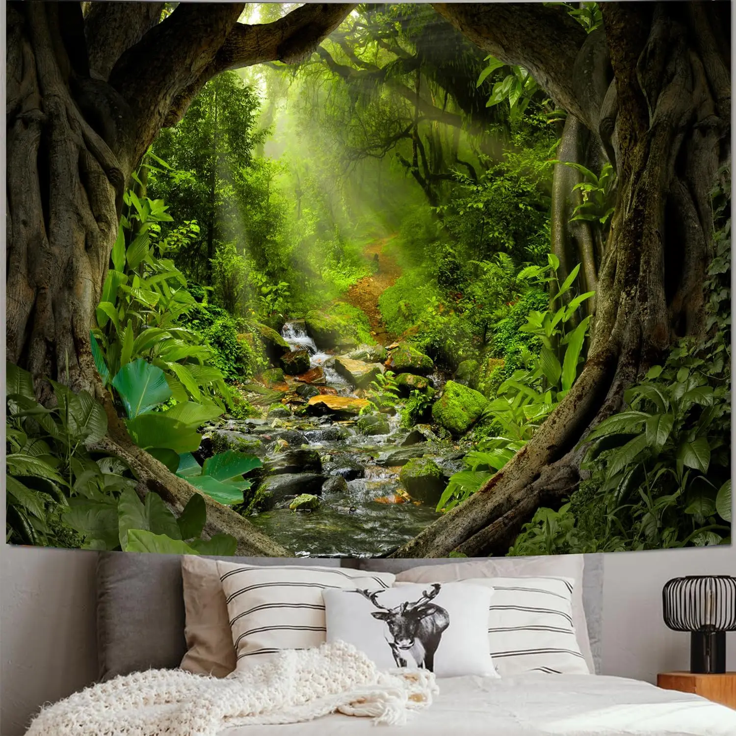 Misty Forest Tree Cave Tapestry Nature Green Tapestry Enchanted Rainforest Tropical Jungle Sunshine Flowing Stream Landscape